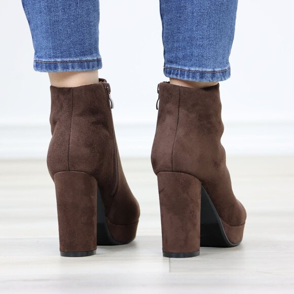 Ankle Booties Block Heeled Boots Platform Brown Suede - Picture 6 of 12